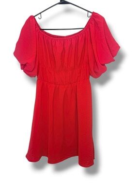 Dokotoo Vibrant Red Puff Sleeve Smocked Mini Dress Open Back A-Line Small